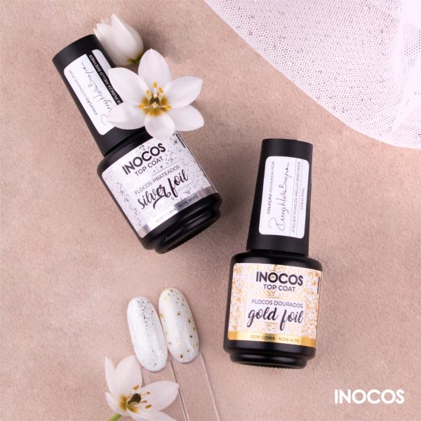 Top Coat Gold Foil Flocos Dourado Gel 15ml Inocos - Image 2